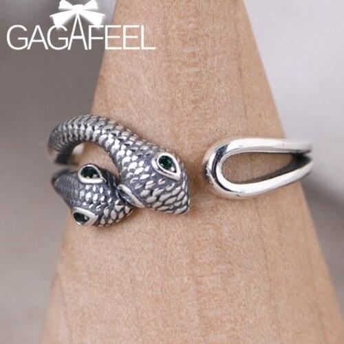 GAGAFEEL 925 Sterling Silver Vintage Craft Silver Ring Womens Fashion Double-headed Silver Snake Open Rings Fine Jewelry