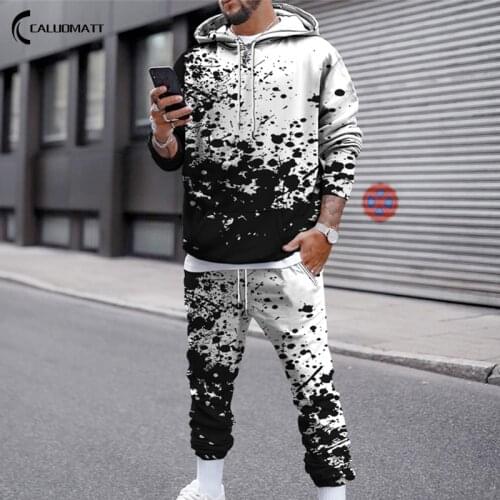 Autumn Winter Mens 2 Piece Set Warm Splash-Ink Print Casual Long Sleeve Oversize Hoodie Sweater Top+Sweatpant Tracksuit Outfit