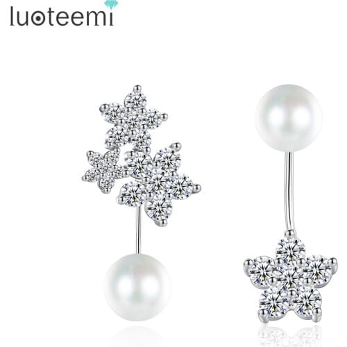 LUOTEEMI Korea Spring Summer Romantic Love Luxury Deluxe White CZ Flower Imitation Pearl Stud Earrings For Women Wedding