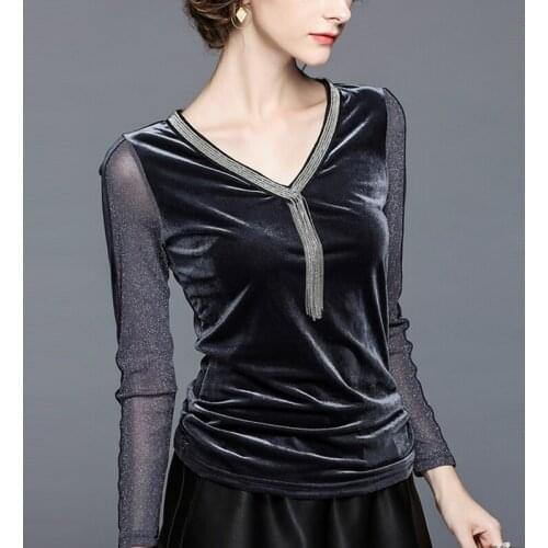 Spring Fall Fashion Women Beading Stretch Grey Glitter Mesh Velour Tee Shirt , Female Elegant Tees Tops Woman 4xl Velvet Tshirt