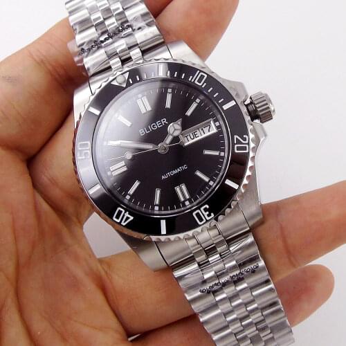 Day/Date Sapphire Mens Automatic Watch Japan NH36 Movement Black Face Dual Calendar Luminous 316L Jubilee Band Rotating Bezel