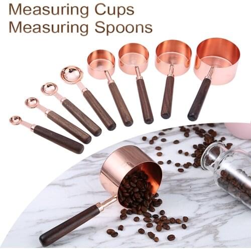 New Walnut Handle Measuring Scoops Stainless Steel Plated Copper Kitchen Measuring Spoon Cup For Baking Brewing Measuring
