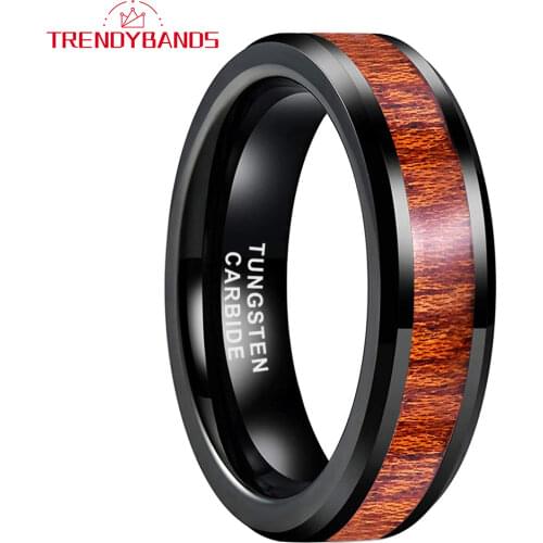 6MM Black Tungsten Rings For Men Women Wedding Band Wood Inlay Beveled Edges Polished Shiny Comfort Fit