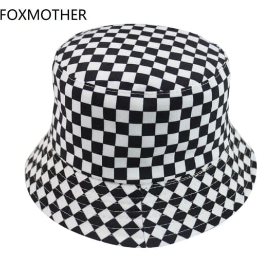FOXMOTHER New Black White Plaid Check Bucket Hats Fishing Caps Women Mens