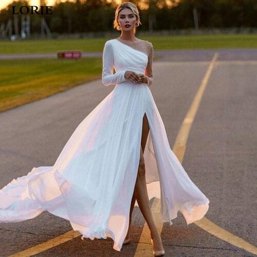 LORIE Beach Wedding Dresses 2021 Side Split Crystal Boho Bride Dress Sexy Illusion Gown Custom Made Vestidos de novia