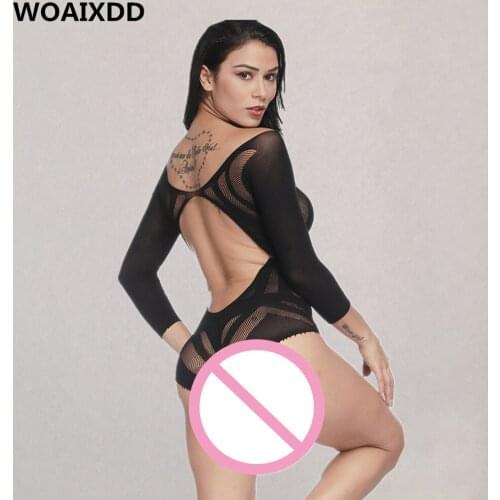 Plus Size Erotic Perspective Bodysuits Sexy Long Sleeves Backless Bodystockings Women Teddies Babydolls Costume Sexual Lingerie
