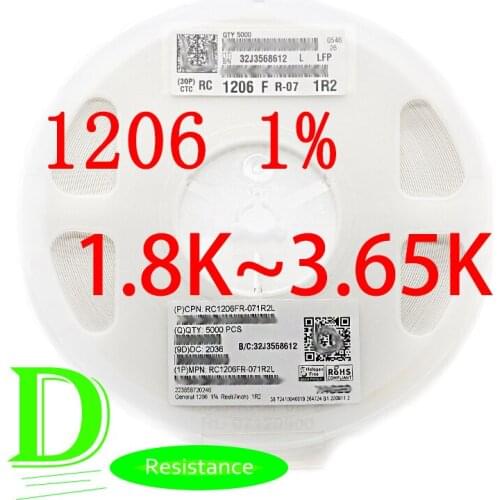 100PCS SMD Resistor RC Series 1206 1% Origina RC1206FR-07 Series 1.8K-3.65K All resistors 1.8K 2K 2.2K 2.4K 2.7K 3K 3.3K 3.6K