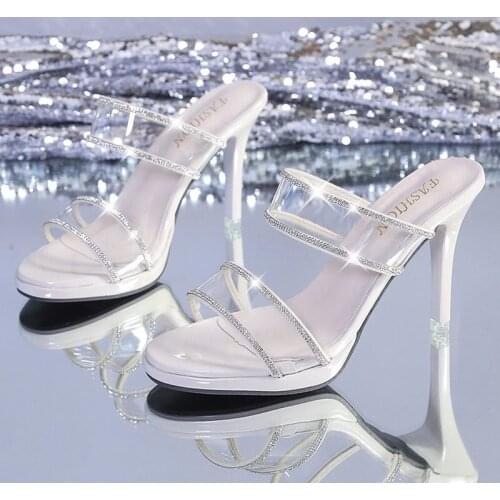 Pointed Transparent Ladies Slippers Open Toe Rhinestone Ladies Sandals High Heels Crystal High Heel Slippers Women Slippers