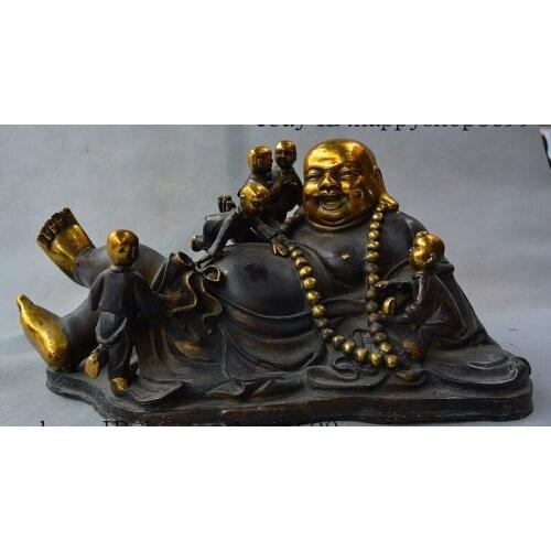 Old China Pure Bronze Copper Gilt Happy Laugh Maitreya Buddha Tong zi Boy Statue