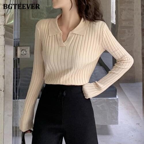 BGTEEVER Casual V neck Women Sweaters Long Sleeve Elastic Female Knitted Sweater Office lady Slim Pullover Jumper Autumn Winter