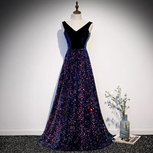 Evening Dresses Navy Blue Sequins Heavy Velour Stitching A-line Floor-length Customized Plus size Lace up Formal Dress R1356
