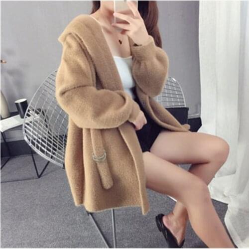 Plus size Hooded Knit Sweater Womens Cardigan coat Mid-length Mink-like Plush Lazy coat 2020 New Autumn Sweaters Outwear Female