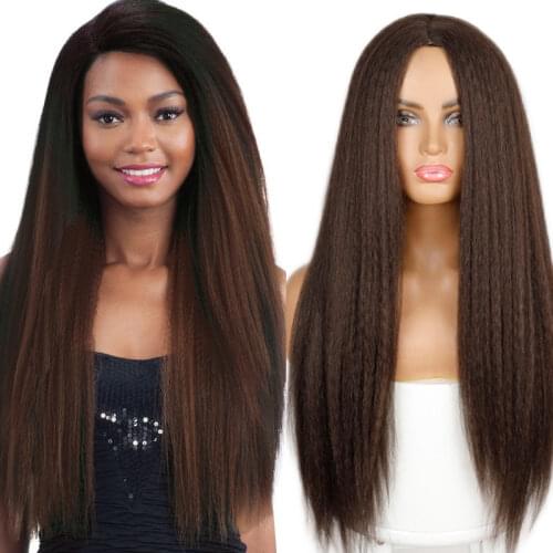 LINGHANG Synthetic Yaki Straight Wig 30 Inches Long Hair Side Part Wigs No Bangs For African American Women