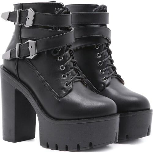New Spring Autumn Fashion Women Boots High Heels Platform Buckle Lace Up Leather Short Booties Black Ladies Shoes Promotion