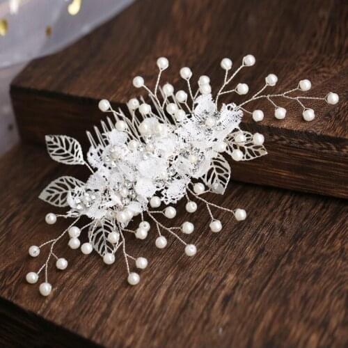 Women Pearl Rhinestone Hair Combs Leaf Lace Flower Handmade Bride Headdress Wedding Bridal Head Piece Hair Ornaments
