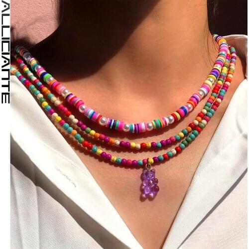 Boho Little Bear Candy Natural Stone Beaded Necklace For Women Baroque Pearls Clay Bead Layered Choker Sweet Vacation Jewelry