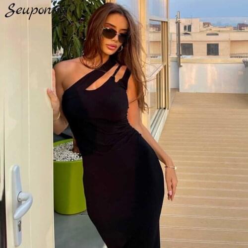 High Quality 2021 Summer Sexy One Shoulder Backless Black Dress Women Elegant Bodycon Hollow Celebrity Party Dress Vestidos