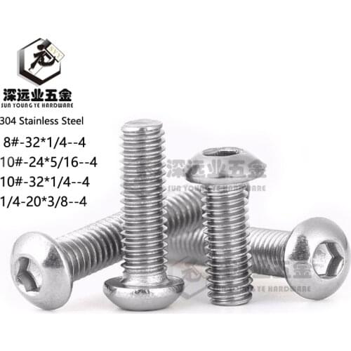 American Thread 8#-32 10#-24 10#-32 1/4-20 304 Stainless Steel ISO7380 Hexagon Socket Button Head Machine Screws Hex Socket