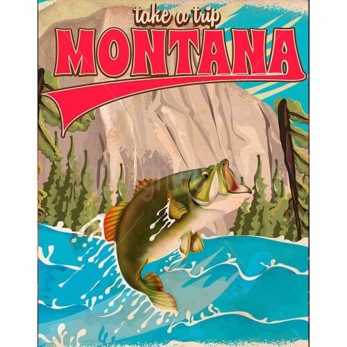 TAKE A TRIP MONTANA FISHING LARGE METAL TIN SIGN POSTER RETRO STYLE PLAQUE