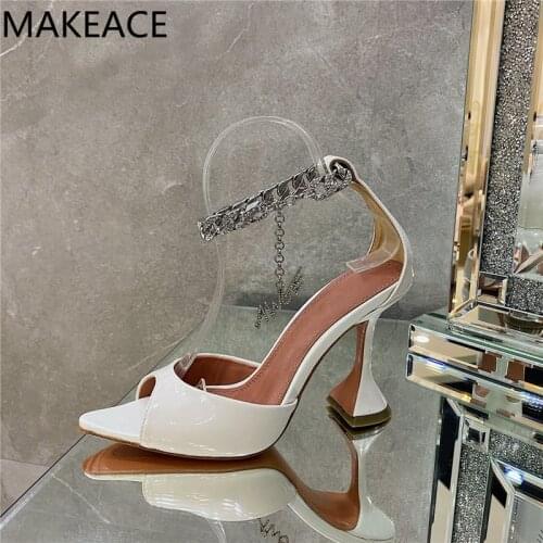 Rhinestone Chain Ankle Strap Summer Sandals Woman Peep Toe Cup Heels Party Shoes Woman Genuine Leather Wedding Shoes Women Shoes