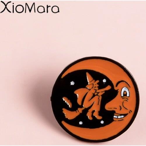Broomstick Witches Enamel Pin Pumpkin Moon Round Halloween Jewelry Magic Hat Wizard Brooches Badges Lapel pins For Festival Gift