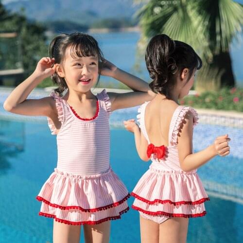 Girls' One Piece Peplum Swimsuit Bathing Suit Pink Striped Backless Bow Tie Swimwear Kids