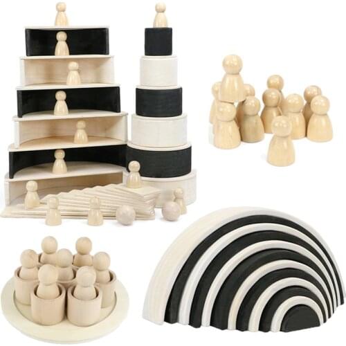 Wooden Rainbow Blocks Black White Arch Block Wood Stacking Toys Nature Color Grimms Peg Dolls Rainbow Building Stackers for Kids