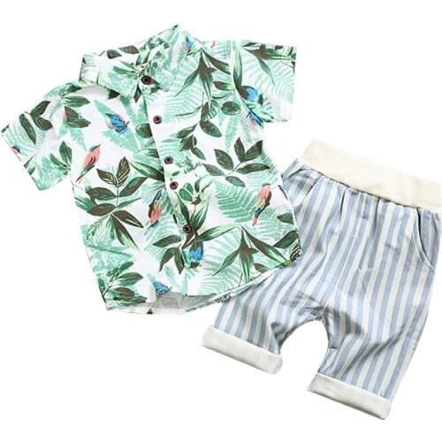 2019 Baby Boys Clothes Sets Summer Cotton Hawaii tree Printed Child Sets 2PCS Shirt+striped Pants holiday Children Suit for kid
