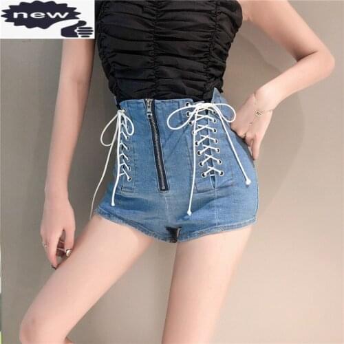 Summer High Waist Denim Women Fashion Cross Bandage Zipper Sexy Female Skinny Lace-Up Korean Stretch Jeans Shorts