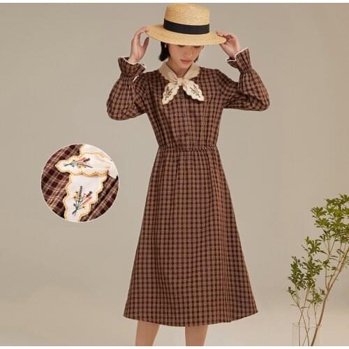 INMAN Autumn Spring Womens Dress Plaid Retro Literary Fresh Embroidery Tie Decoration Sweet Flared Cuffs A-Line One-Piece