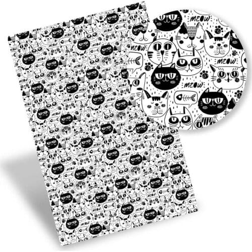 Faux Leather Sheets Black White Cat Synthetic Leather Printed Vinyl Fabric DIY Handbag Bow Making Supplies 22*30cm/Pc 0.8mm