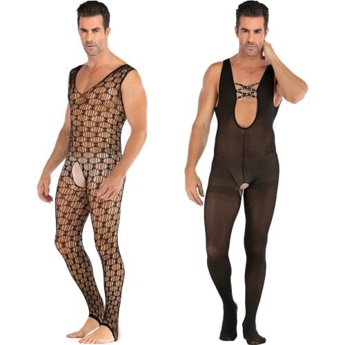 Mens plus size super stretch black sexy sexy net clothes hollow one-piece net stockings perspective outfit nightclub stage ds