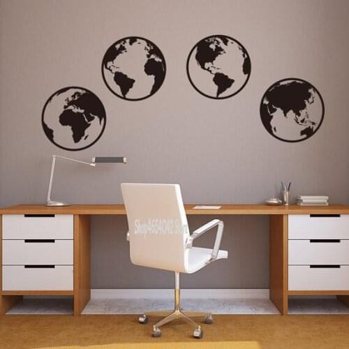 Set of 4 World Map Wall Decals Global Worldwide Map Wall Sticker Vinyl International Map Theme Office School Nursery Decor C48