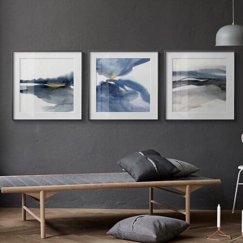 Nordic Watercolour Wall Poster and Print Abstract Ink Blue Colour Canvas Painting Wall Art Pictures for Living Room Home Decor