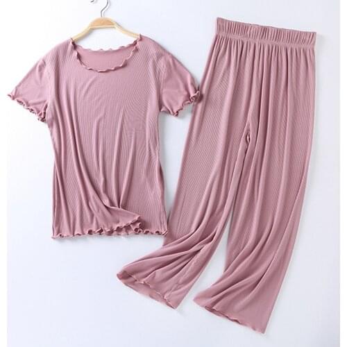 Soft Modal Pajamas Set Womens Short Sleeve Tops With Long Trousers Sleepwear Female Loungewear Loose Solid Sleep Pajamas Suit