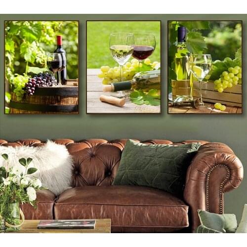 Romantic Picture Home Decor Canvas Wall Art Grapes and Wine Poster Painting Green Vineyard Kitchen Room Decoration Food Artwork