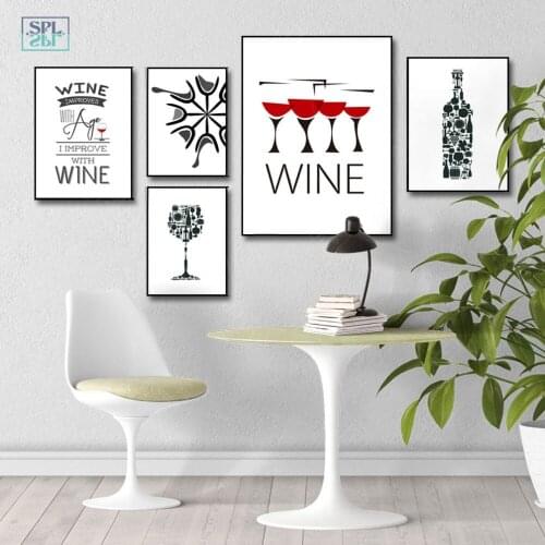 SPLSPL Nordic Modern Black and White Wine Cups Bottles Canvas Painting Art Print Poster Picture Wall Paintings Home Decoration