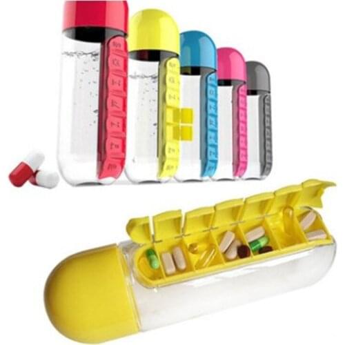 600ml Sports Plastic Water Bottle Combine Daily Pill Boxes Organizer Drinking Bottles Leak-Proof Bottle Tumbler Outdoor