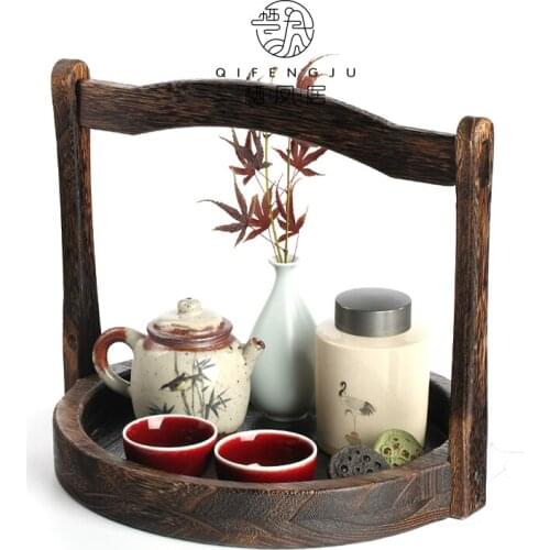 Paulownia Vintage Portable Tea Ceremony Utensil Cabas Chinese Food Container Household round Tray Fruit Cabas