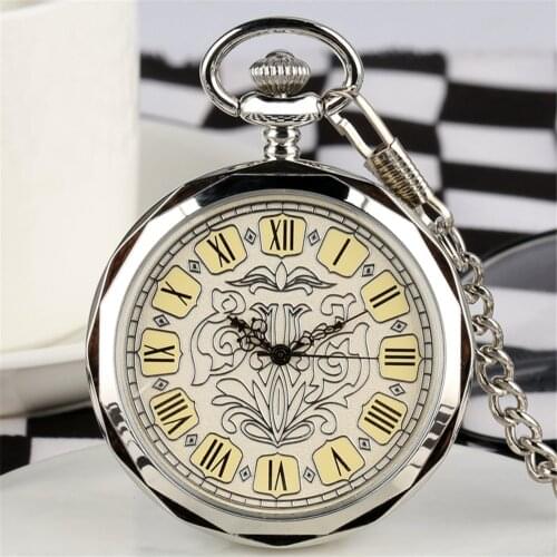 Vintage Florals Roman Numerals Open Face Pendant Manual Mechanical Pocket Watch Gifts Male with Pocket Chain