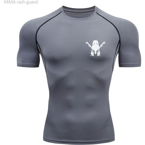High quality Sports shirts Men Running T-shirt short Quick-drying MMA Compression shirt Round neck Summer Grey Workout shirts
