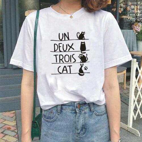 Funny Un Deux Trois Cat Printing T Shirt Women Tops Kawaii Cat Summer Short Sleeve Tee Shirt Femme Casual Harajuku Women T Shirt