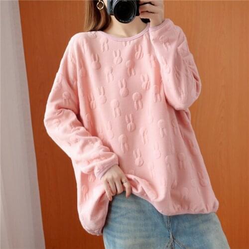 Women Fashion Oversized Rabbit Hoodies Spring Autumn Casual Loose Round Neck Long Sleeve Pink Sweatshirts Ladies Tops Ropa Mujer