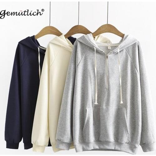 GEMUTLICH Women Big Size Solid Color Hoodies Draw String Hood Casual Pullover Zip-up Sweatshirt Loose Autumn Winter Top XL-4XL