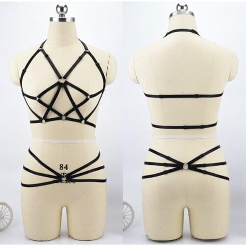 Women Polyester Bodysuit Body Harness Bra + Bottom Panties Adjustable Body Harness Fetish Wear Pole Dance Lingerie N0099