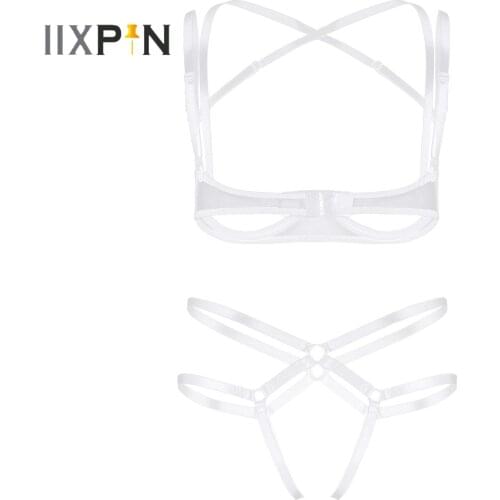 Womens Lingerie Hot Sexy Bra Panties Set Adjustable Spaghetti Shoulder Straps Open Cups Bandage Bra Top with Crotchless Briefs