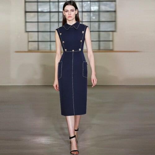 New Beaded Women Dress Fashion Button Designer Sleeveless Turn-Down Collar Dresses H8731