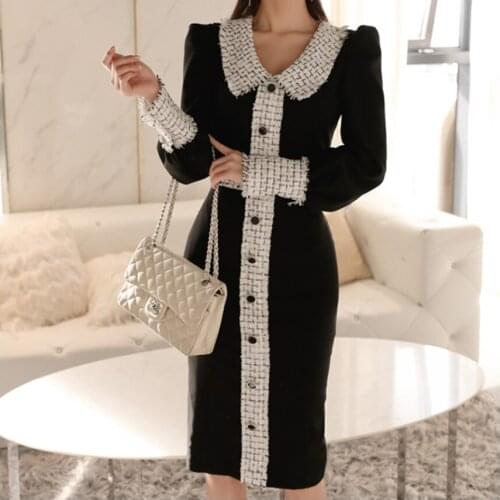 Small fragrance Elegant ol puff sleeve dress women Autumn Winter vintage autumn office ladies