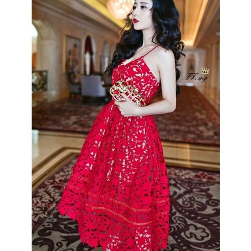 Summer Party New Arrival Sexy Hollow Out Red Lace Dress V-Neck Embroidery Beach Backless Women Midi Dresses