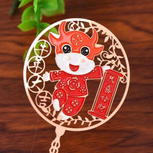 1pc Kawaii Year Of The Ox Brass Bookmark Cute Tassel Metal Art Pattern Book Mark Page Folder Office School Supplies Stationery